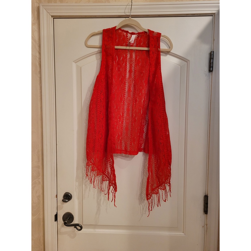 No Boundaries Red Floral Lace Fringe Vest Open Front Sleeveless Boho XL/XG